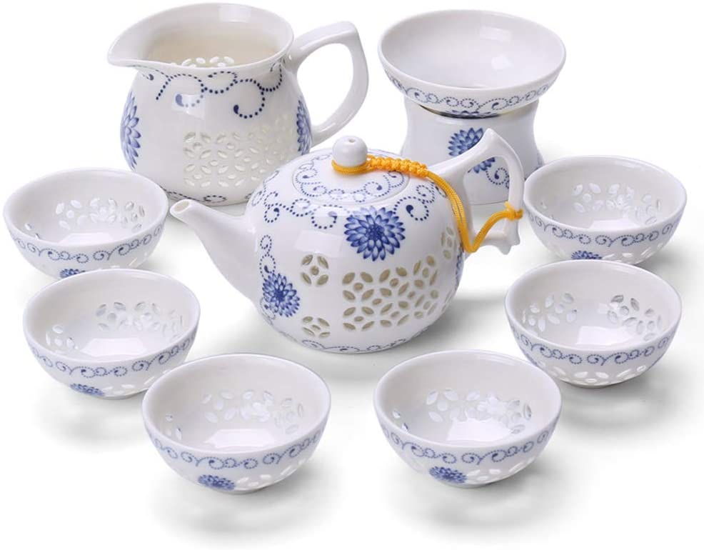 Mozentea Chinese Jingdezhen porcelain Kung/kong/gong fu Tea cermony Set Ceramic Tea Service 1 teapot 1 tea filter 6 tea cup 1 Tea Serving Pitcher