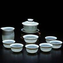 Загрузить изображение в средство просмотра галереи, 11PCS Hollow Honeycomb Kung Fu Tea Set Blue and White Porcelain Drinkware Ceramic Glass Teacup Teapot Gaiwan Strainer Fair Cup
