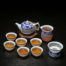 Загрузить изображение в средство просмотра галереи, 11PCS Hollow Honeycomb Kung Fu Tea Set Blue and White Porcelain Drinkware Ceramic Glass Teacup Teapot Gaiwan Strainer Fair Cup
