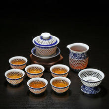 Загрузить изображение в средство просмотра галереи, 11PCS Hollow Honeycomb Kung Fu Tea Set Blue and White Porcelain Drinkware Ceramic Glass Teacup Teapot Gaiwan Strainer Fair Cup
