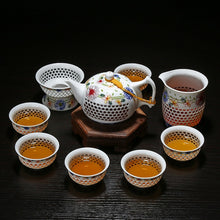 Загрузить изображение в средство просмотра галереи, 11PCS Hollow Honeycomb Kung Fu Tea Set Blue and White Porcelain Drinkware Ceramic Glass Teacup Teapot Gaiwan Strainer Fair Cup
