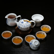 Загрузить изображение в средство просмотра галереи, 11PCS Hollow Honeycomb Kung Fu Tea Set Blue and White Porcelain Drinkware Ceramic Glass Teacup Teapot Gaiwan Strainer Fair Cup
