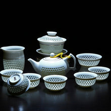 Загрузить изображение в средство просмотра галереи, 11PCS Hollow Honeycomb Kung Fu Tea Set Blue and White Porcelain Drinkware Ceramic Glass Teacup Teapot Gaiwan Strainer Fair Cup
