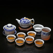 Загрузить изображение в средство просмотра галереи, 11PCS Hollow Honeycomb Kung Fu Tea Set Blue and White Porcelain Drinkware Ceramic Glass Teacup Teapot Gaiwan Strainer Fair Cup
