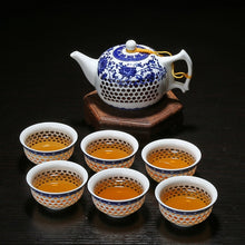 Загрузить изображение в средство просмотра галереи, 11PCS Hollow Honeycomb Kung Fu Tea Set Blue and White Porcelain Drinkware Ceramic Glass Teacup Teapot Gaiwan Strainer Fair Cup
