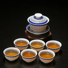 Загрузить изображение в средство просмотра галереи, 11PCS Hollow Honeycomb Kung Fu Tea Set Blue and White Porcelain Drinkware Ceramic Glass Teacup Teapot Gaiwan Strainer Fair Cup
