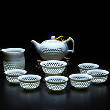 Загрузить изображение в средство просмотра галереи, 11PCS Hollow Honeycomb Kung Fu Tea Set Blue and White Porcelain Drinkware Ceramic Glass Teacup Teapot Gaiwan Strainer Fair Cup
