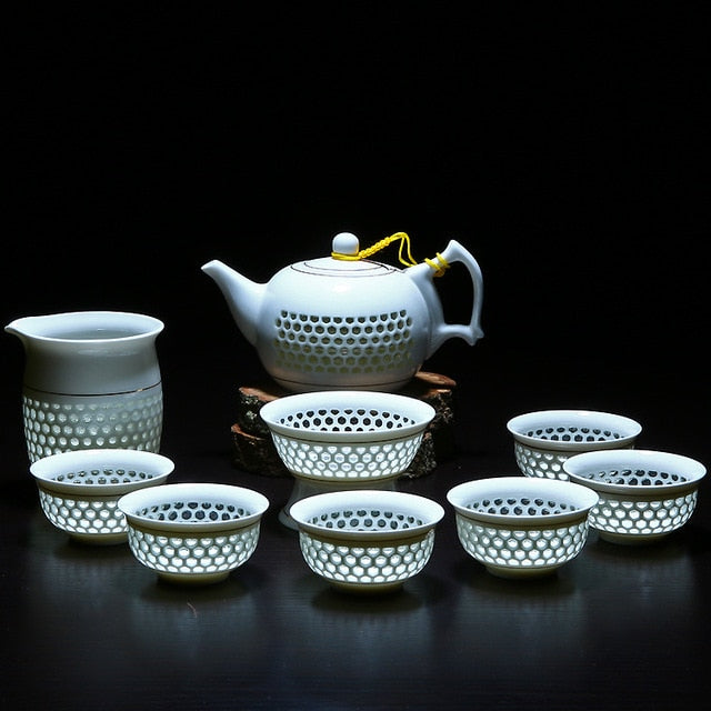 11PCS Hollow Honeycomb Kung Fu Tea Set Blue and White Porcelain Drinkware Ceramic Glass Teacup Teapot Gaiwan Strainer Fair Cup