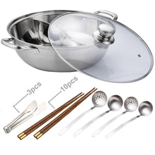 Load image into Gallery viewer, Stainless Steel Shabu Shabu Mongolian Hot Pot With Divider +10Pair Chopsticks 3Food Tongs+ 2 Pair Scoops Strainer
